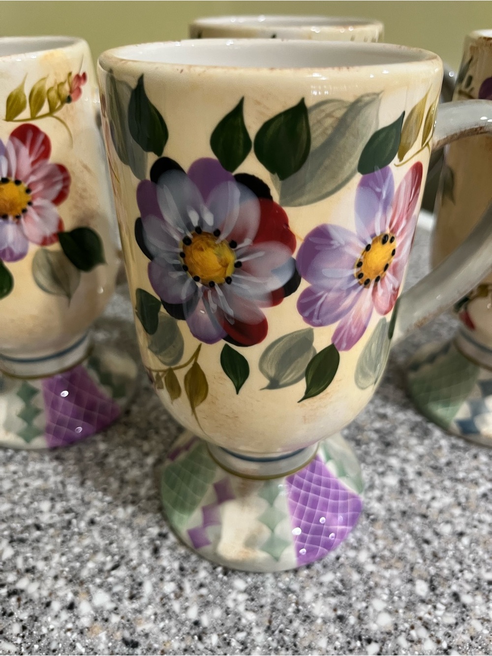 GIBSON Set of 4 Hand-Painted Purple & Green Wild Flower Whisper Pedestal Mugs